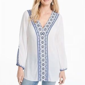 White House Black Market Women’s White V-Neck Tunic Shades of Blue Embroidery 2